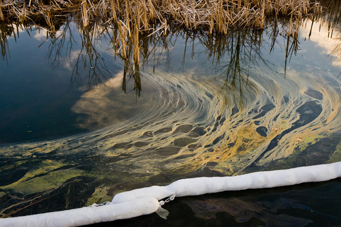 A floating oil spill threatens a fragile wetlands ecosystem. (Shutterstock.com)
