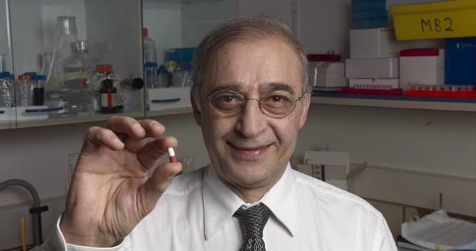 Prof. Moussa Youdim with the Azilect drug he developed. Photo by Nati Shohat