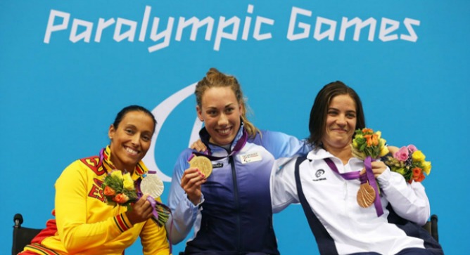 From left, silver medalist Teresa Perales of Spain, gold medalist Sarah Rung of Norway and bronze medalist Inbal Pezaro of Israel took the top three spots in the women's 200m freestyle at the London Paralympic Games.