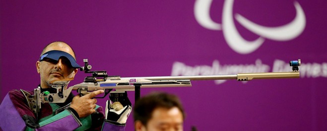 Doron Shaziri during the men's R7 - 50m Rifle 3 positions - SH1 at the Paralympic Games. (www.london2012.com)