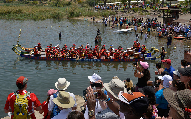 Spectators cheer on paddlers at the Dragon Boat Israel Festival on the Sea of Galilee. (Dragon Boat Israel)