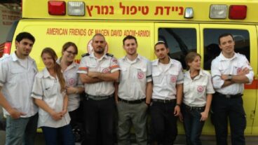 (File photo) Paramedics-in-training from Ben-Gurion University of the Negev aren’t in class during the conflict, so they are volunteering with the local ambulance squad. Coordinator Oren Wacht is in the middle. Photo courtesy of Ben-Gurion University