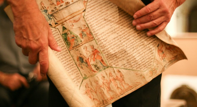 A 16th century Scroll of Esther, viewed at the home of collector Bill Gross. Photo by Alyssa Kapnik