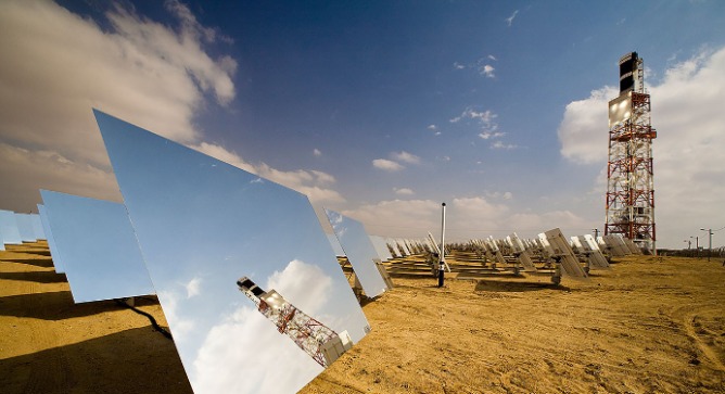 BrightSource heliostat fields generate solar thermal energy.