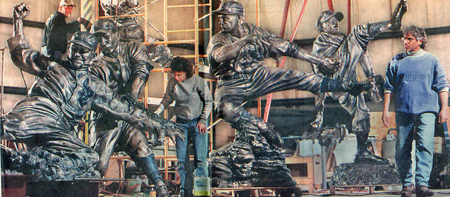 Julie Rotblatt Amrany and Omri Amrany finishing their 1999 commission to immortalize Detroit Tigers greats Hank Greenberg, Ty Cobb, Hal Newhouser, Al Kaline and Charlie Gehringer.
