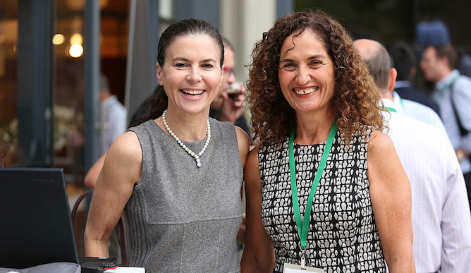 Strauss Group CEO Ofra Strauss, left, and Trendlines Agtech CEO Nitza Kardish at Agrivest. Photo by Moshe Amar Liran Shemesh