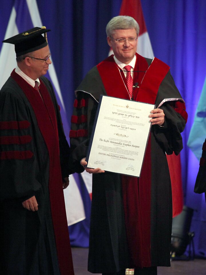 Canadian Prime Minister Stephen Harper is awarded a honorary Doctor of Philosophy degree from Tel Aviv University. Professor Joseph Klafter, President of Tel Aviv University and Professor Aron Shai and David Azrieli look on.  (Photo by Gideon Markowicz/Flash90)