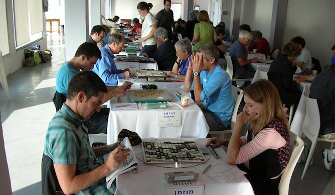 Evan Cohen, left -- Israel's top ranked Scrabble player on the international circuit -- plays Naomi Landau at a previous Israeli Open Scrabble Tournament.