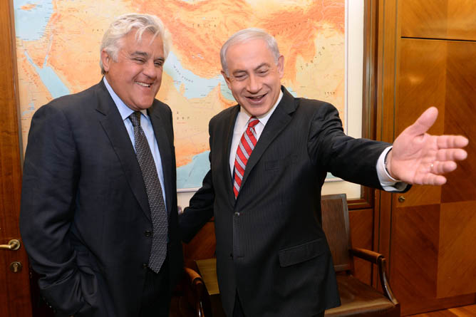 Israel's Prime Minister Benjamin Netanyahu greets American comedian Jay Leno in Jerusalem. (Kobi Gideon/GPO/FLASH90)