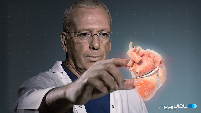 In RealViewâ€™s pilot study, clinicians manipulated the projected 3D heart structures by touching the holograms.
