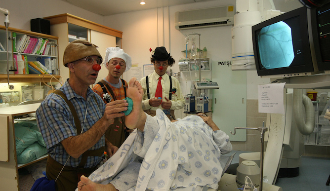 Medical clowns at work in Rambam Health Care Campus, Haifa.