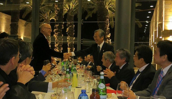 Yoshiyu Nakamura, head of Japan's Keidanren business federation, with Japan-Israel Chamber of Commerce Chairman Roni Bernstein at the Japanese ambassador’s residence in Herzliya, Israel, last October.