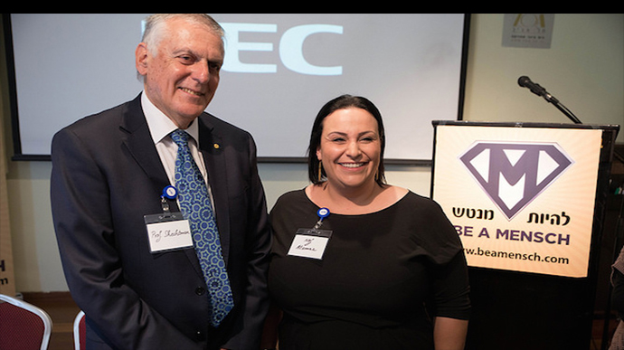 Nobelist Prof. Dan Shechtman with Master Chef champion and microbiologist Nof Atamna-Ismaeel at the Mensch Foundation kickoff in Tel Aviv. Photo by Doni Lerner/Doni Digital