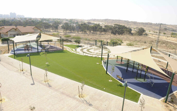 An outdoor recreation area at Kfar Ha’irusim stands empty during the war.