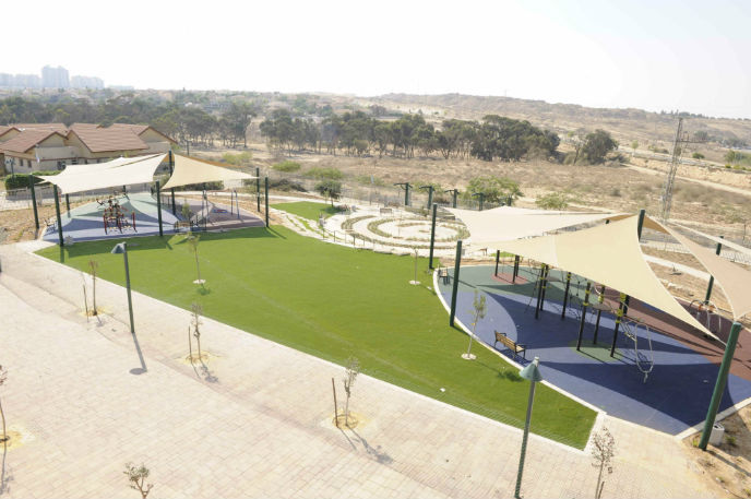 An outdoor recreation area at Kfar Haâ€™irusim stands empty during the war.