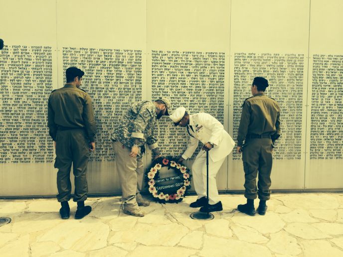 Cap and rotator: US vets Anthony and James laying a wreath at Latrun war memorial. Photo by Judy Schaffer