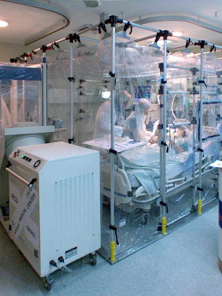 At Kaplan Medical Center, a patient is isolated inside the IsoArk tent, protecting everyone in the intensive care unit from infectious disease. Photo courtesy of Kaplan Medical Center, Rehovot