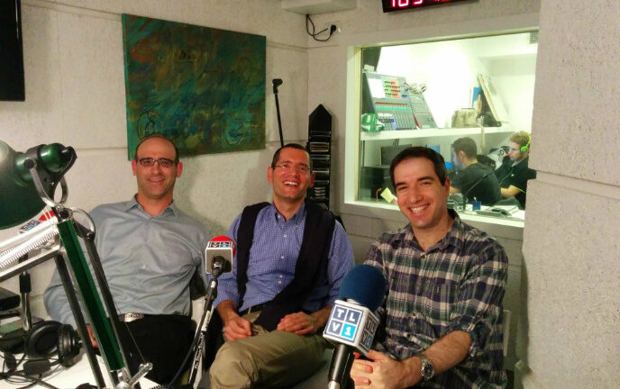 In the TLV1 studio, from left, Gadi Levin of LabStyle, Nadav Kidron of Oramed and Yishai Knobel of Helparound.