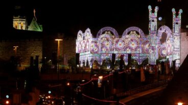 An installation at Jaffa Gate lights up the Jerusalem night, as part of the Jerusalem Light Festival.
