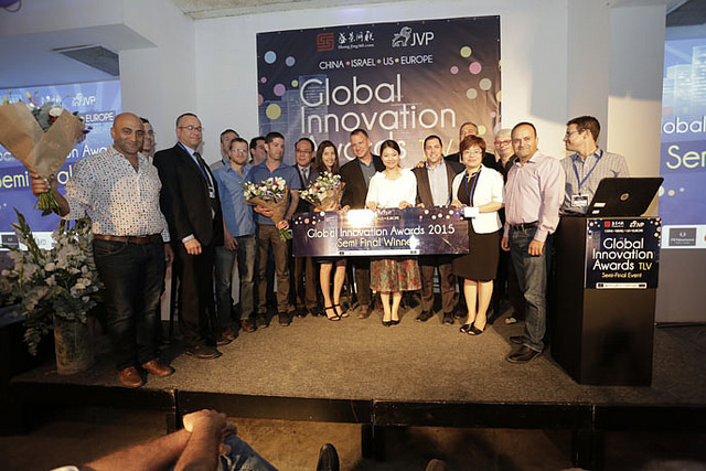 JVP partners and representatives of Shengjing360 present Wayerz, DiaCardio, SecuriThings with award for Israel stage semi-finals of the Shengjing Global Innovation Awards 2015. (Photo Credit: Different Vibe)