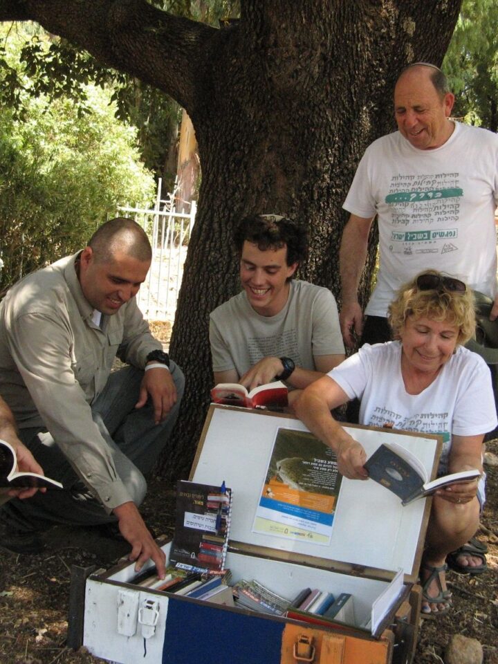 At the Tel Dan Trail Library, from left: Shalem College Prof. Ido Hevroni; Ravi Davos from INPA; hiker Royi Sokolovsky, who advocated for the Trail Libraries; and Raya and Yossi Epner of Nifgashim Beshvil Israel. Photo courtesy of Shalem College