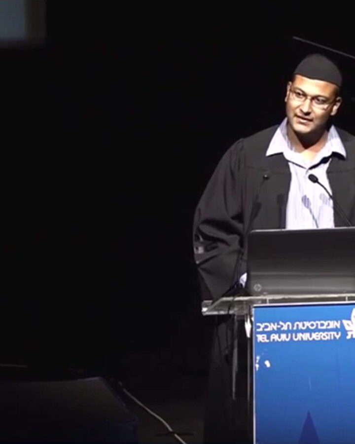 Haisam Hassanein addresses Tel Aviv University master's students. Photo: Screen shot from YouTube