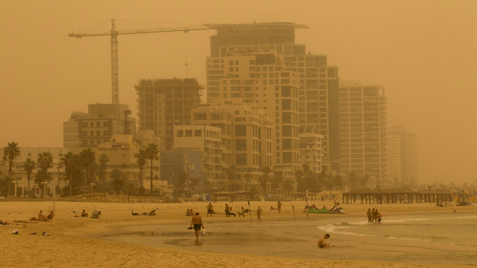 The Tel Aviv beach seen through the sand storm that hit Israel on September 8, 2015. Photo by Miriam AlsterFLASH90