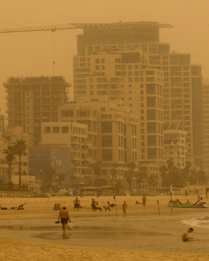 The Tel Aviv beach seen through the sand storm that hit Israel on September 8, 2015. Photo by Miriam AlsterFLASH90