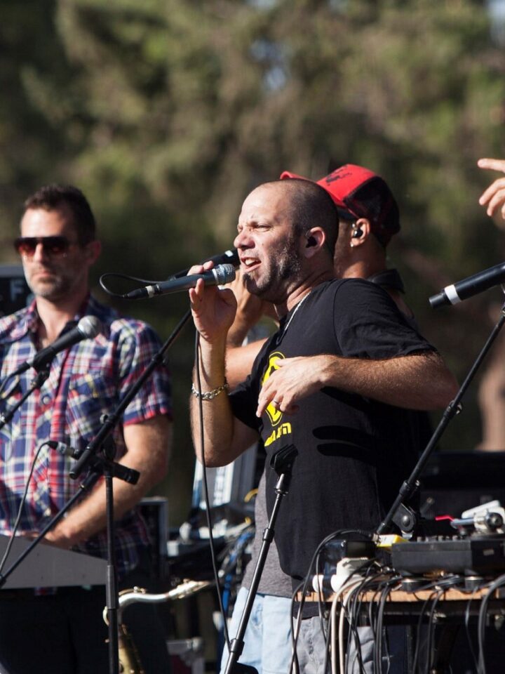 Hadag Nahash band performing live at a street party held in a park in Jerusalem. Photo by Yonatan Sindel/Flash90