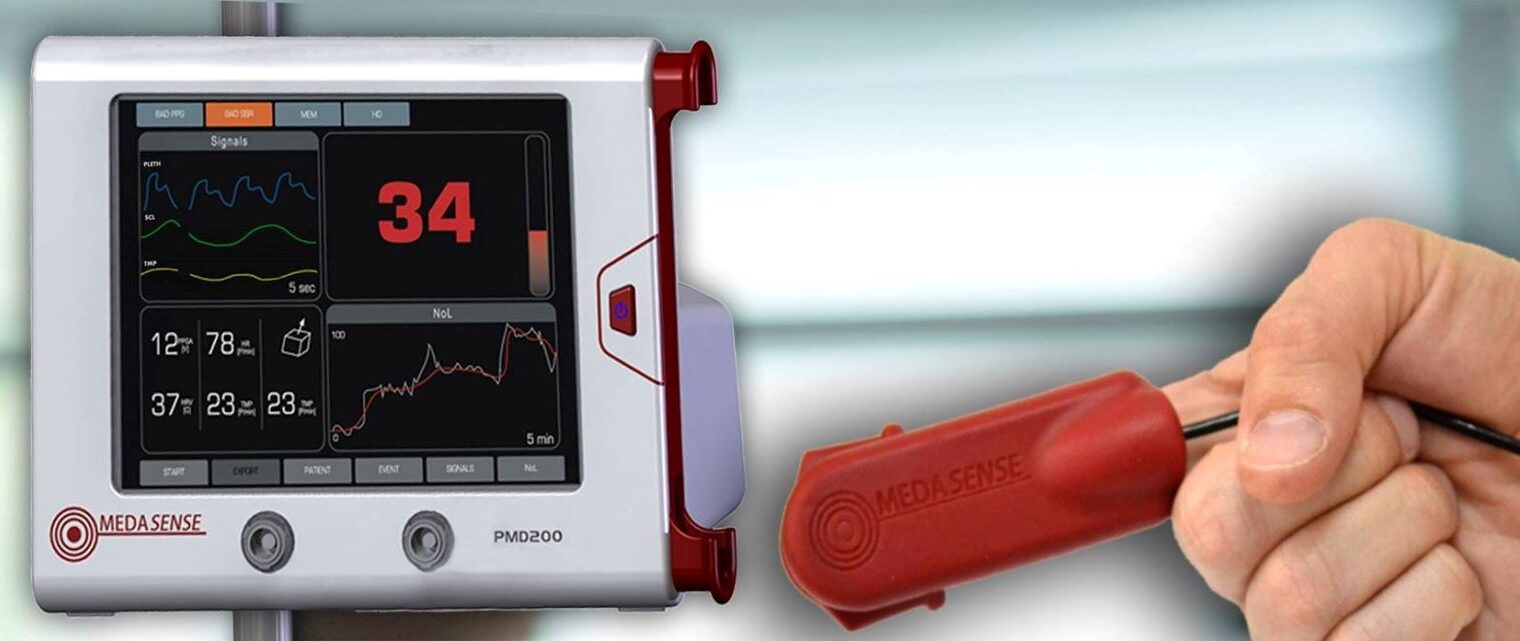 Medasense’s finger-mounted sensor records relevant physiological signs, and algorithms convert this data into a real-time, continuous pain index displayed on a bedside monitor. Photo courtesy