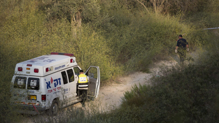 Policemen and volunteers of the ZAKA rescue and recovery organization seen near the Jerusalem Forest in 2014. Photo by Yonatan Sindel/Flash90