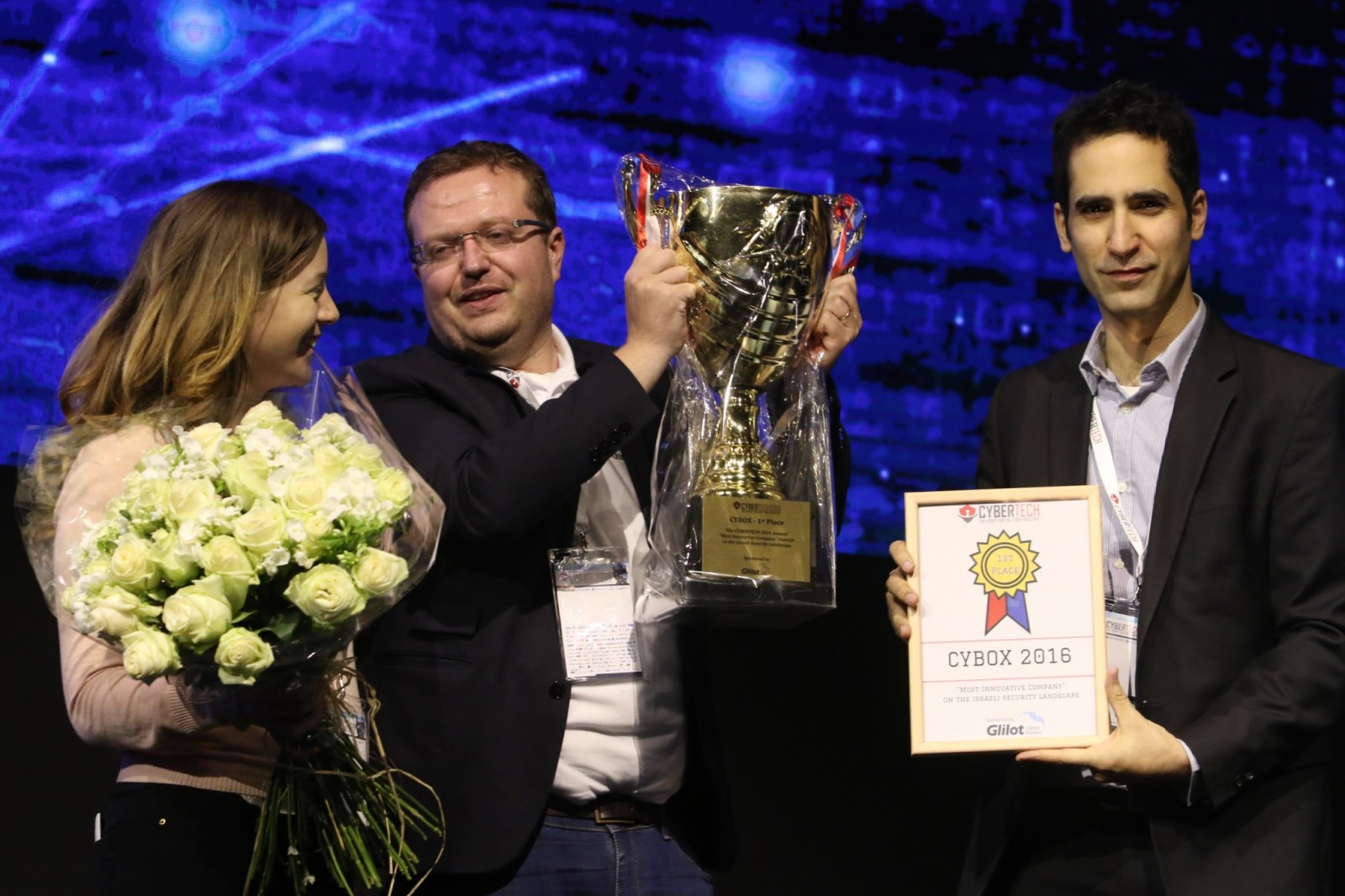 Minerva Labs team celebrates its win at the Cybox contest at CyberTech 2016. Photo by Gilad Kavalerchik