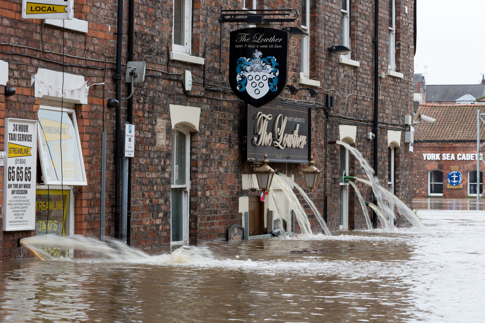 Flooded streets of King's Staith in York City Center after heavy rain in December 2015. Photo by Shutterstock.com