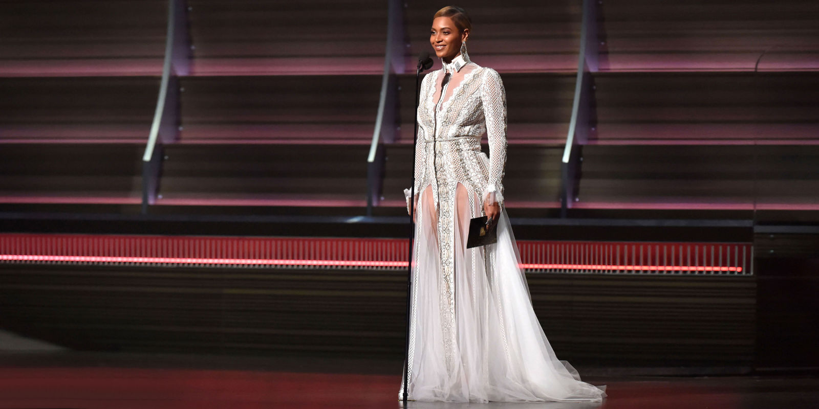Beyoncé sparkles in an Inbal Dror wedding dress at the Grammy Awards. Photo by Getty