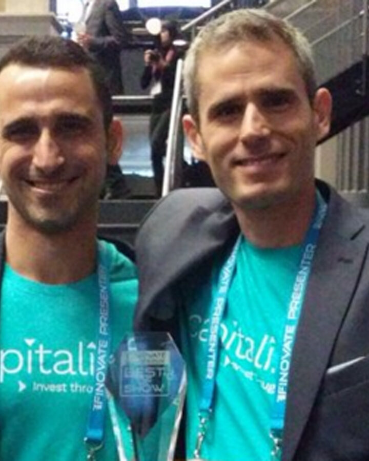 Shahar Rabin and Amir Shiovich, cofounders of Capitali.se, win Finovate Europe Best in Show. Photo via Twitter