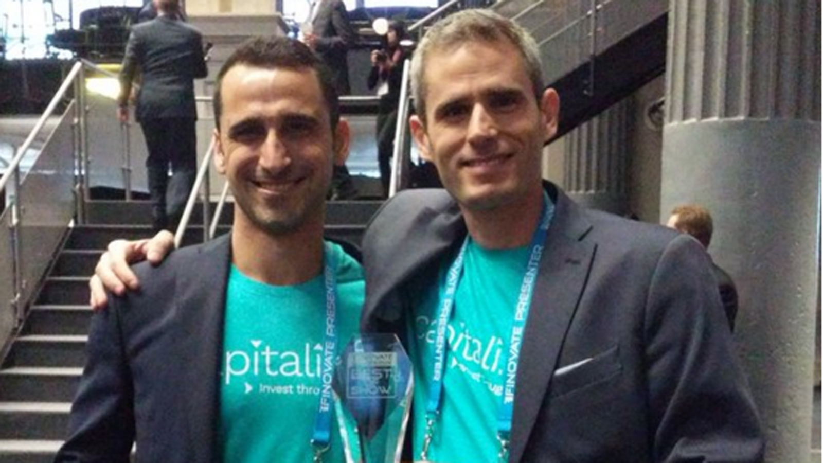 Shahar Rabin and Amir Shiovich, cofounders of Capitali.se, win Finovate Europe Best in Show. Photo via Twitter