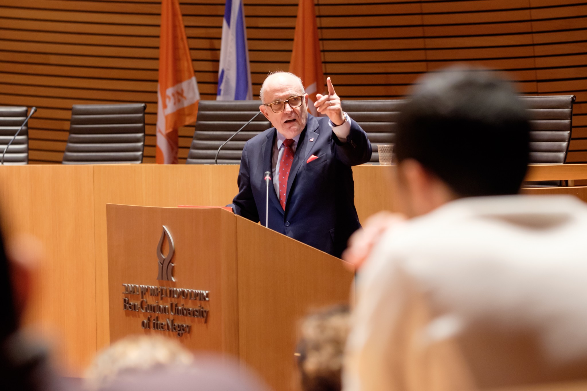 Former New York City Mayor Rudolph Giuliani delivers an address to students at Ben-Gurion University of the Negev in Beersheva on March 15, 2016. Photo by Dani Machlis/BGU