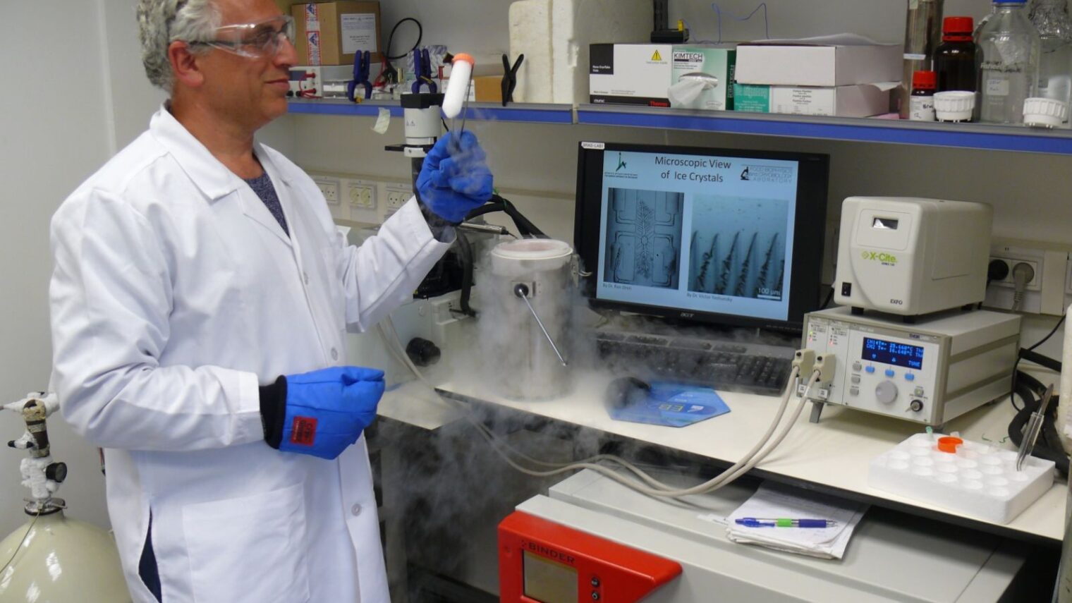 Prof. Ido Braslavsky at his Hebrew University lab, where his team investigates ice-binding proteins and new methods in cryopreservation of cells and tissues. Photo by Amir Bein