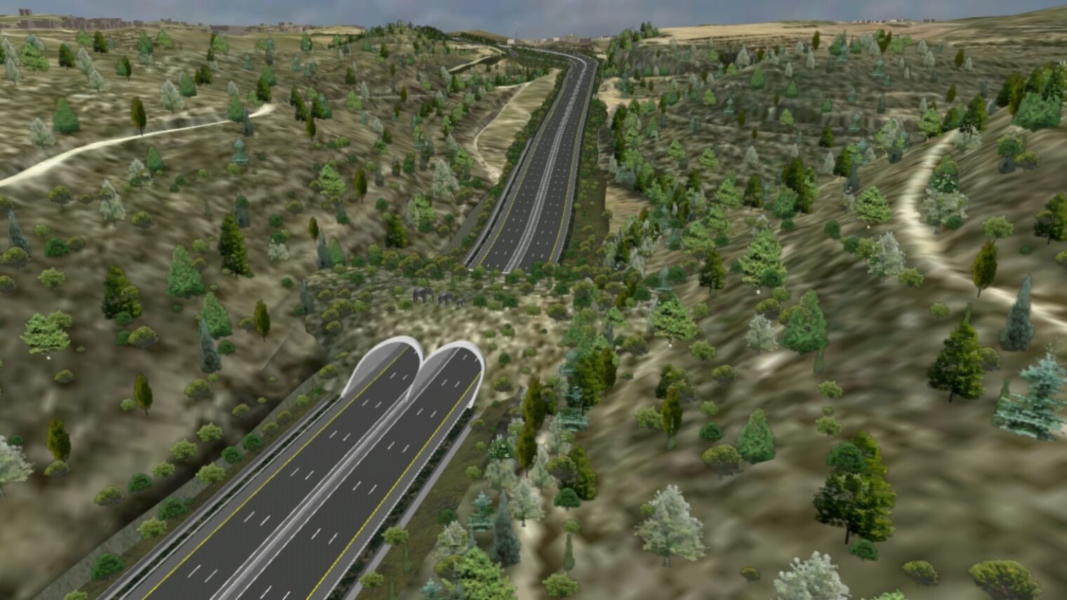 This artist’s rendering of the future Highway 1 with its eco-bridge for animals playfully depicts elephants, though the animals living in the area really include deer, gazelles, wild boars, foxes, jackals, hyenas, porcupines and reptiles. Image courtesy of Netivei Israel