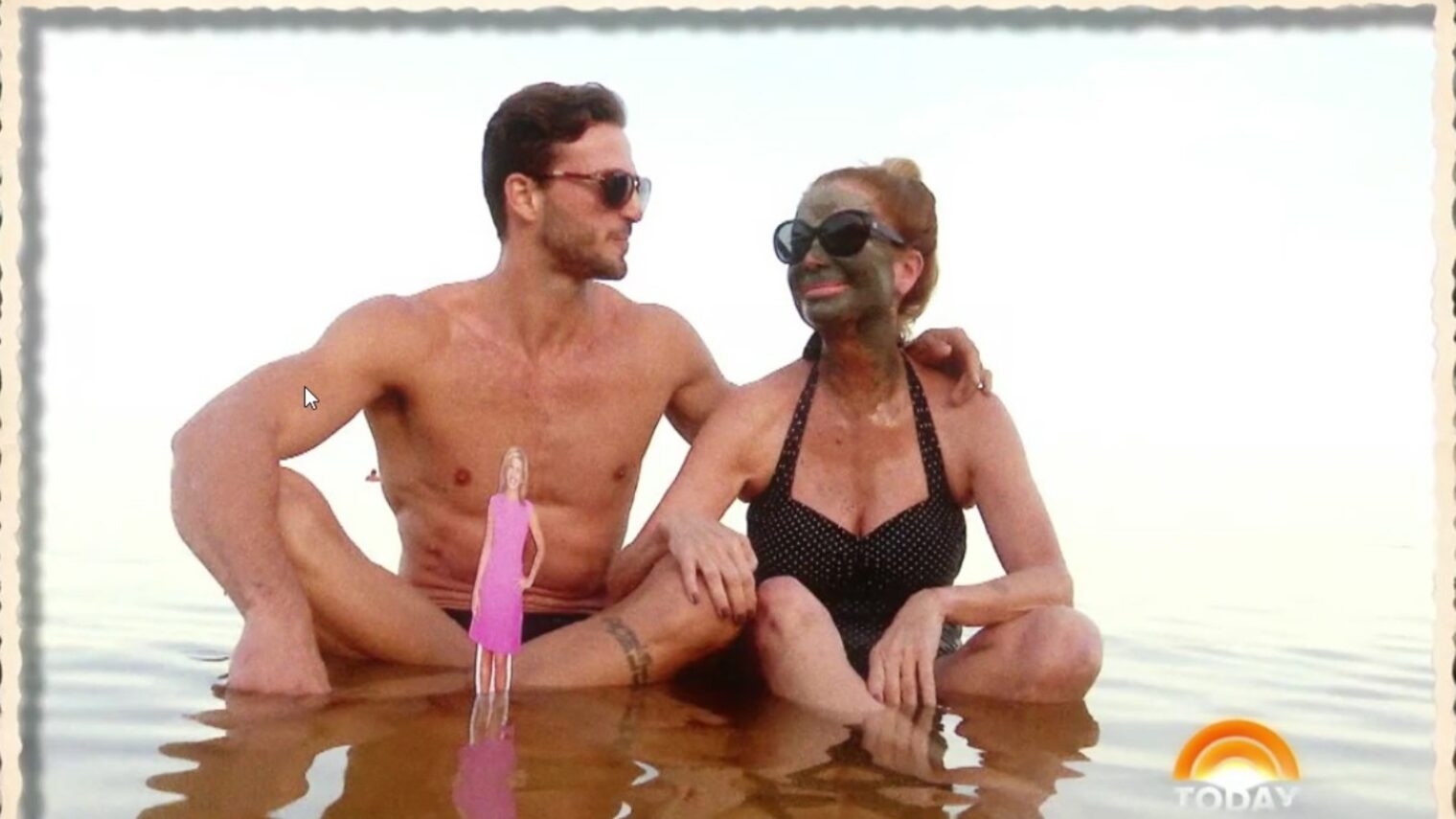 Today show’s Kathie Lee Gifford in the Dead Sea with Israeli model and actor Michael Lewis (and a cutout of her co-host, Hoda Kotb). Photo: screenshot