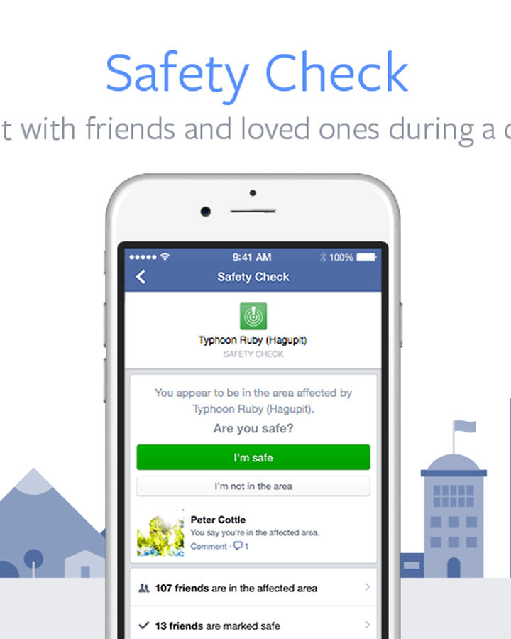 Facebook Safety Check app. Photo via screenshot