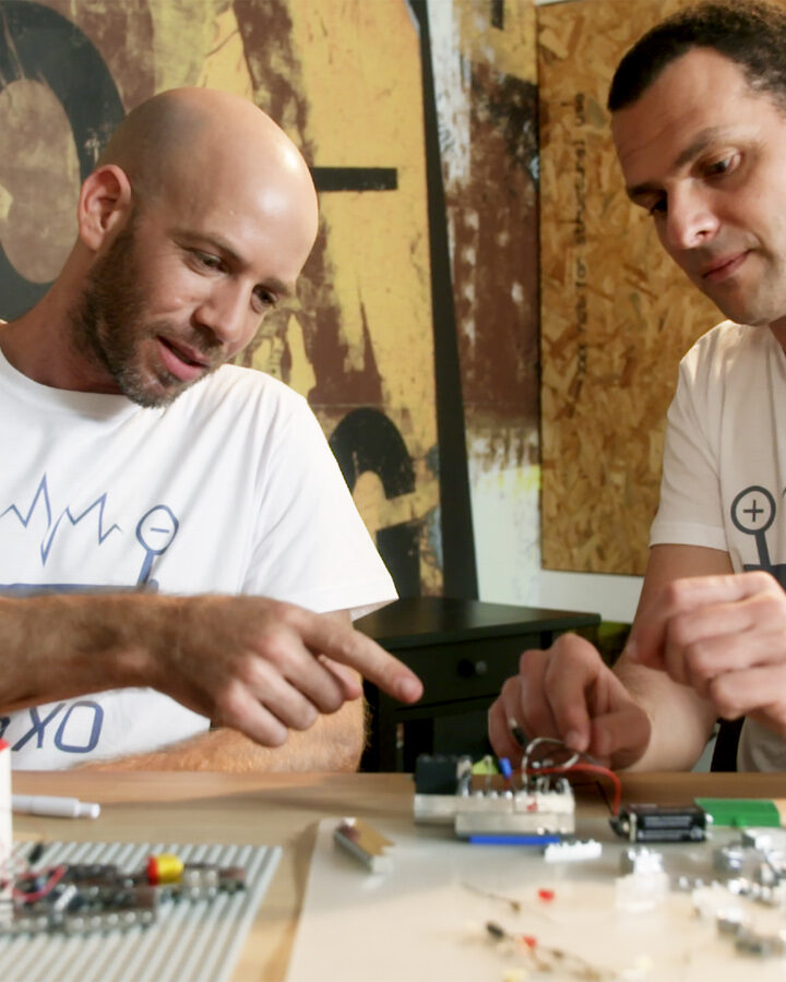 Founders Amir Saraf, left, and Boaz Almog playing with BRIXO. Photo courtesy