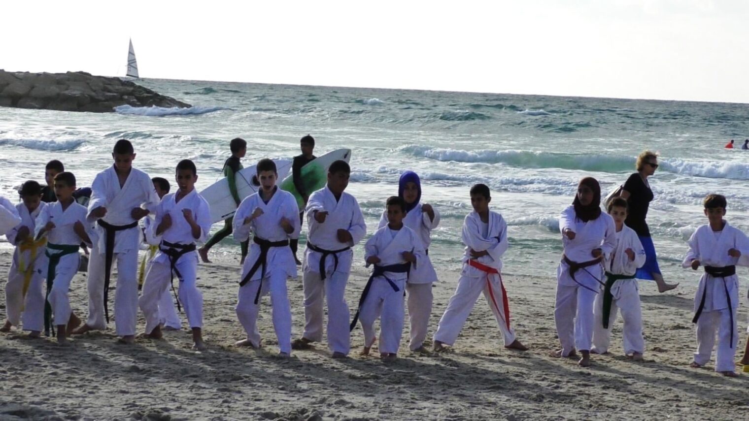 About 100 Jewish and Arab Budo for Peace participants gave a public demo at the second annual International Martial Arts Friendship Training in May 2016. Photo courtesy of Budo for Peace