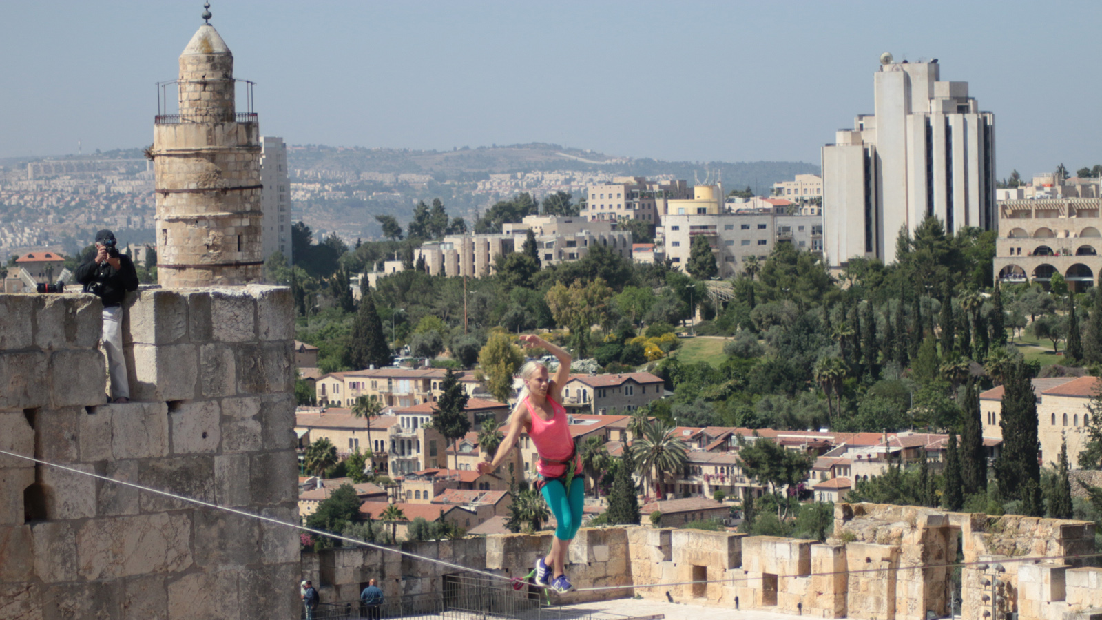Heather Larsen slacklines at the Tower of David on May 2, 2016. Photo by Tower of David