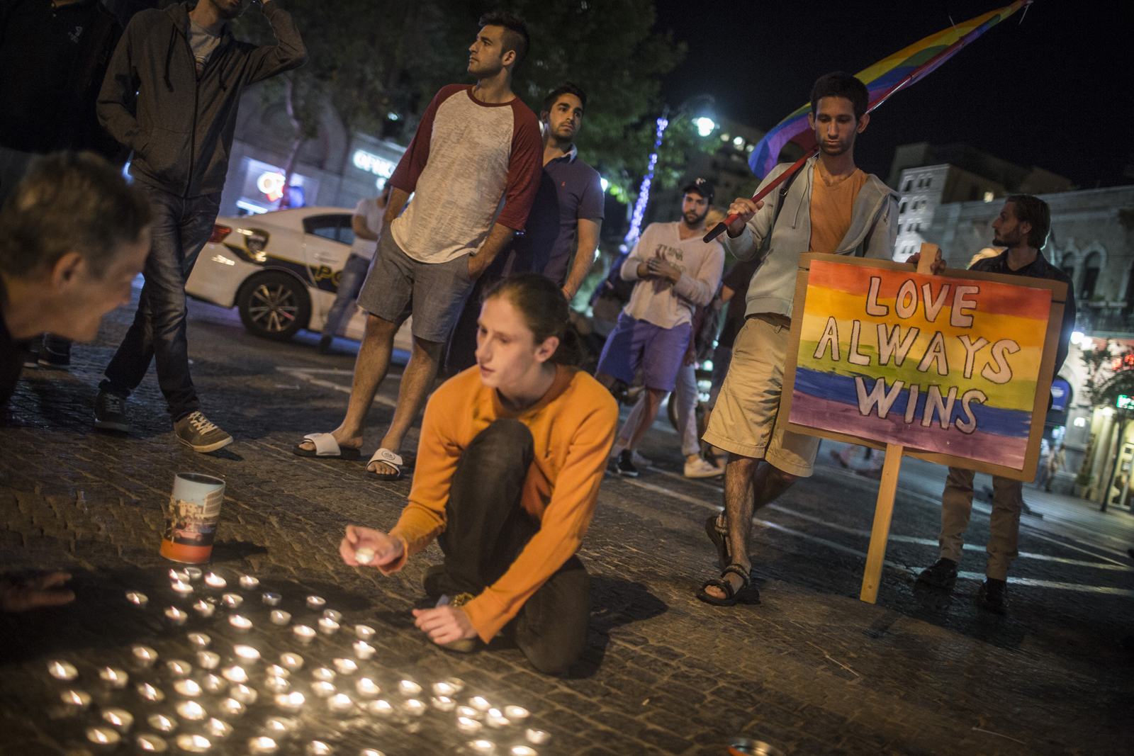 Young Israeli activists light candles for the Orlando victims at Zion Square in Jerusalem. Photo by Hadas Parush/Flash90