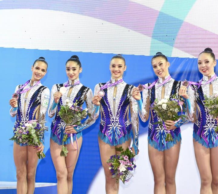 Israeli gymnasts win bronze medal at Rhythmic Gymnastics European Championship. Photo via ueg.org