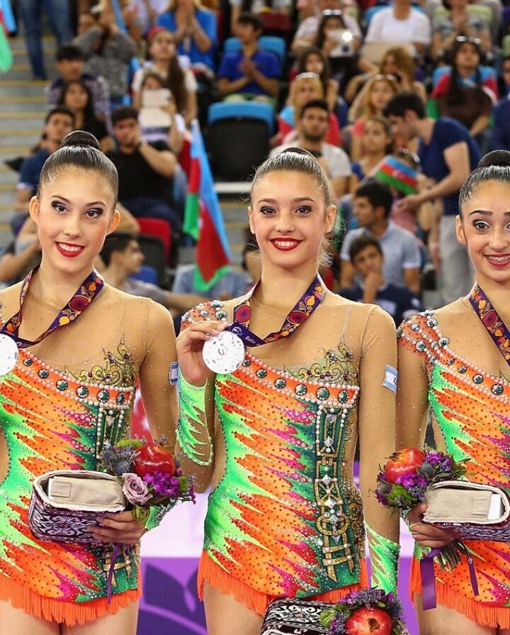 Israelâ€™s rhythmic gymnastics teammates with their silver medals at the European Games in 2015. Photo by Robert Prezioso/Getty Images for BEGOC
