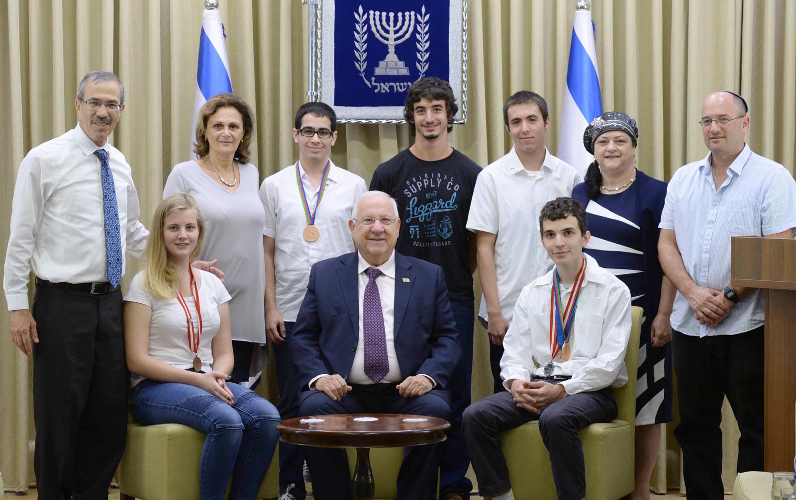 Israeli president Reuven Rivlin hosts medalists from the International Science Olympiads, at the president's residence in Jerusalem on August 21, 2016. Photo by Mark Neyman/GPO