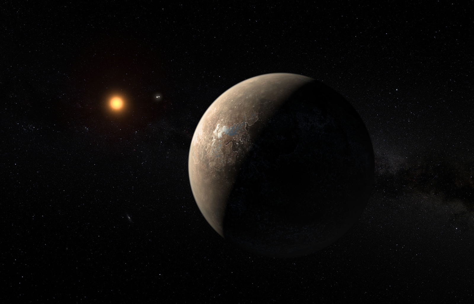 Artist’s impression shows the exoplanet Proxima b, which orbits the red dwarf star Proxima Centauri. The double star Alpha Centauri AB appears in the image between the exoplanet and its star.
Credit: ESO/M.Kornmesser
