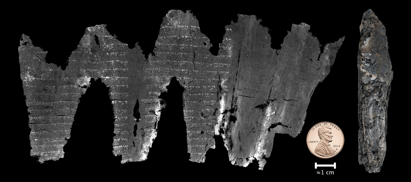 The charred scroll from Ein Gedi that experts digitally unwrapped. Photo courtesy of Brent Seales
